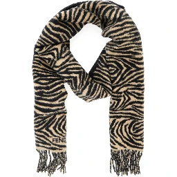 Black Scarf with tiger stirpe motif and fringed edge in wool for women