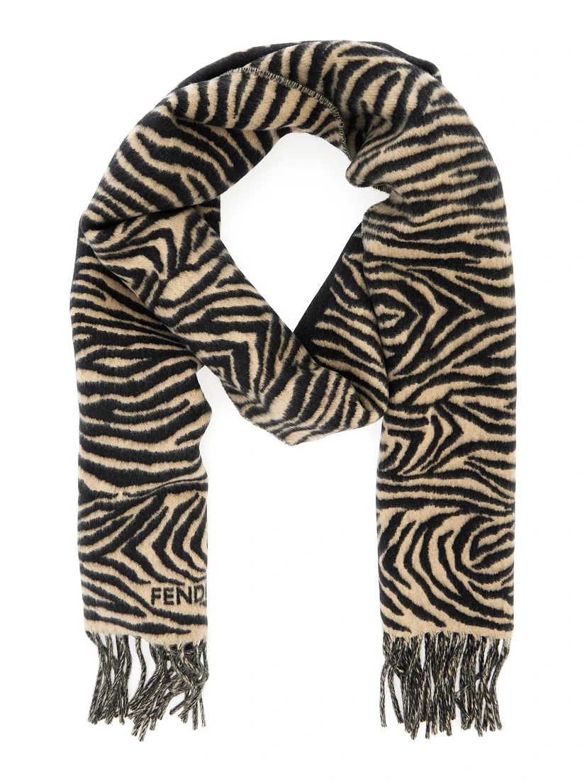 Black Scarf with tiger stirpe motif and fringed edge in wool for women