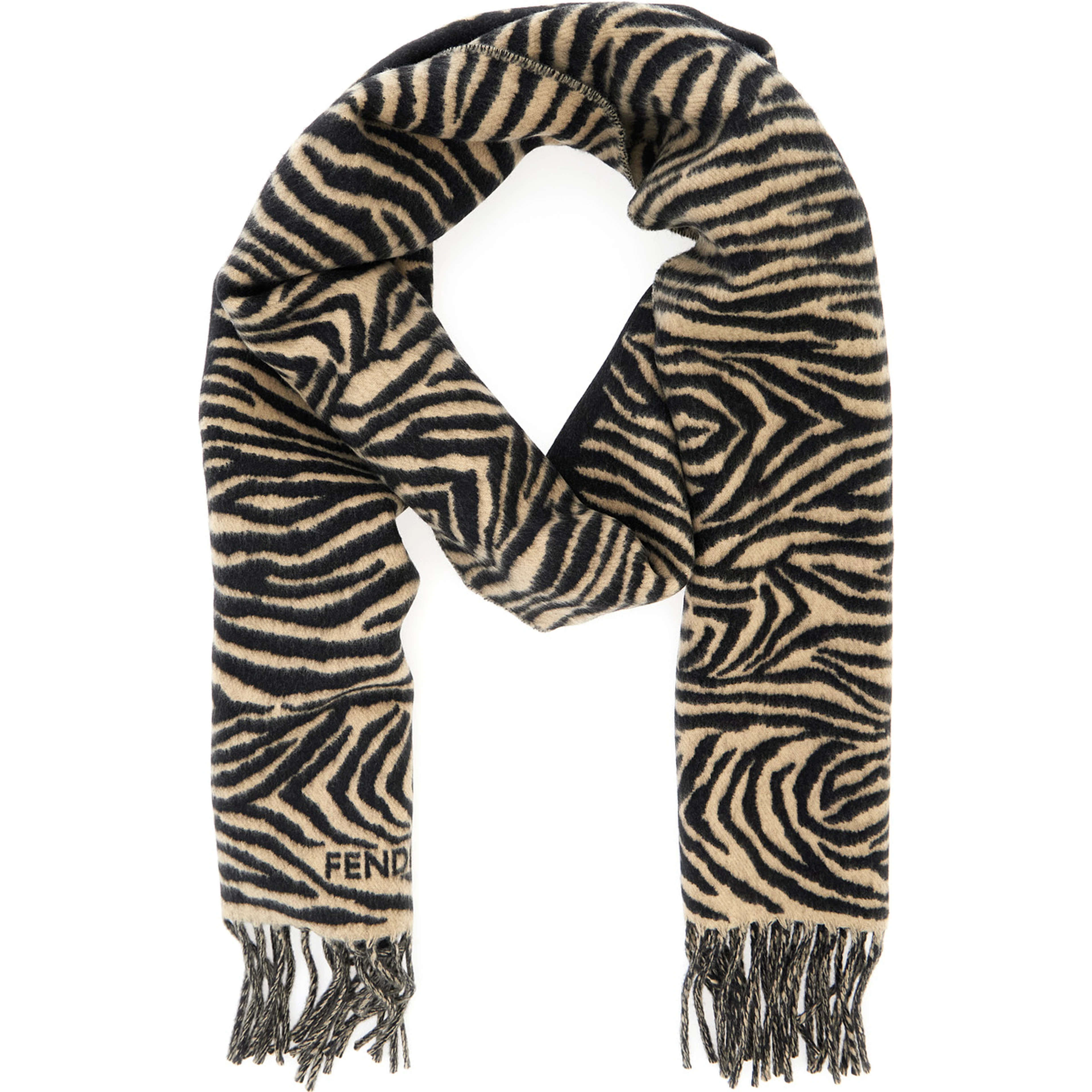 Black Scarf with tiger stirpe motif and fringed edge in wool for women