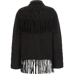 Brown Cardigan with Classic Collar and Fringes in Wool and Cashmere for Women