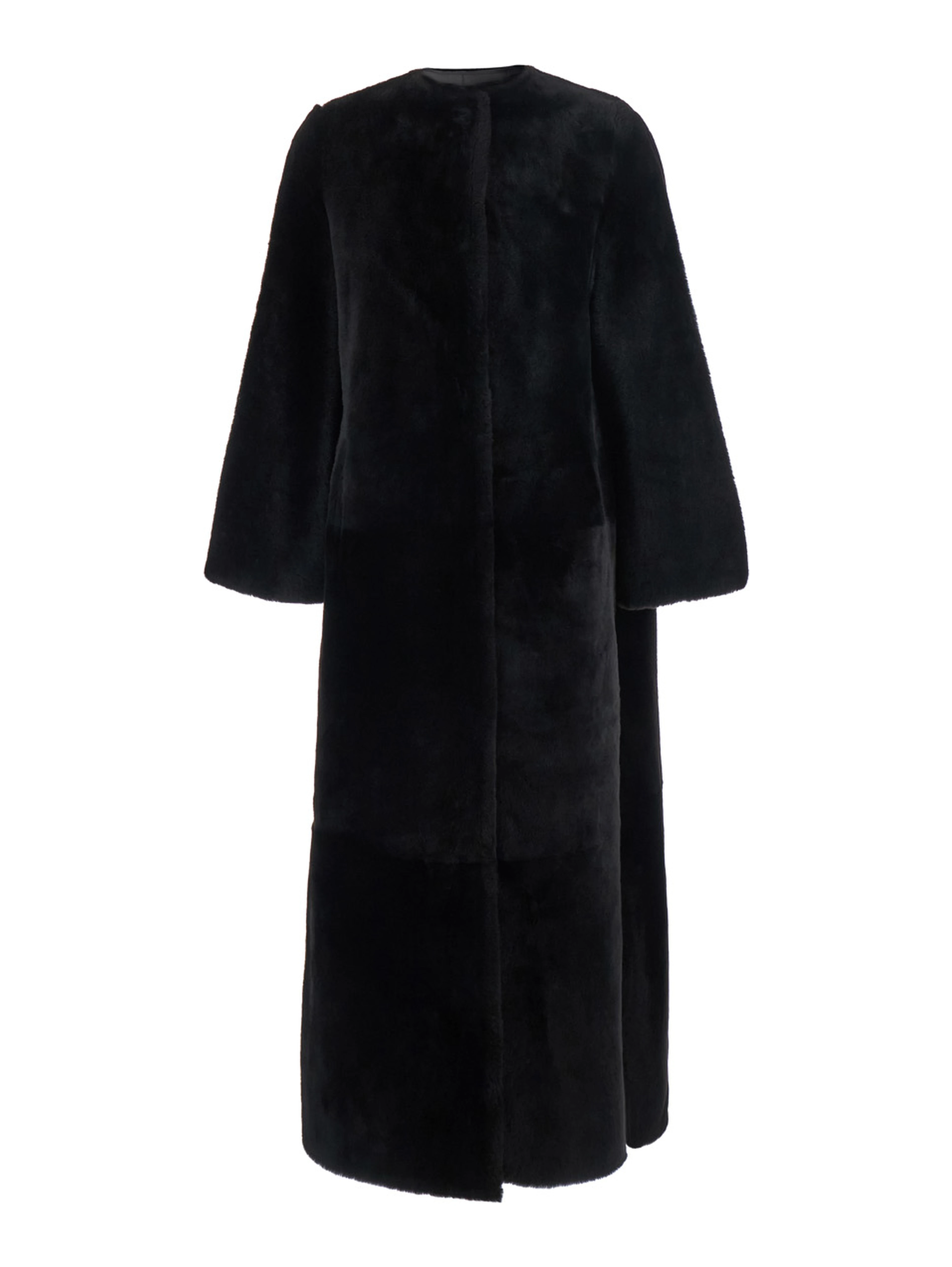 Brown Shearling Coat with round collar and snap button closure on the front in fur for women