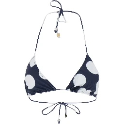 Le Haut de Plage Triangle Blue Bikini Top with Drawstring Closure and Polka Dot Motif in Tech Fabric for Women