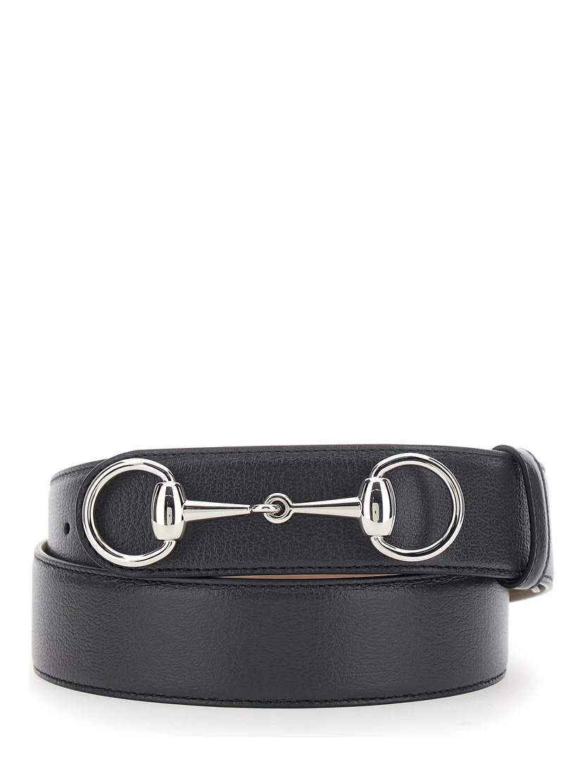 Black Belt with Horsebit on the Front in Leather for Men