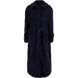 Blue Coat with Wide Classic Collar and All-Over Applied Rhinestones in Wool for Women