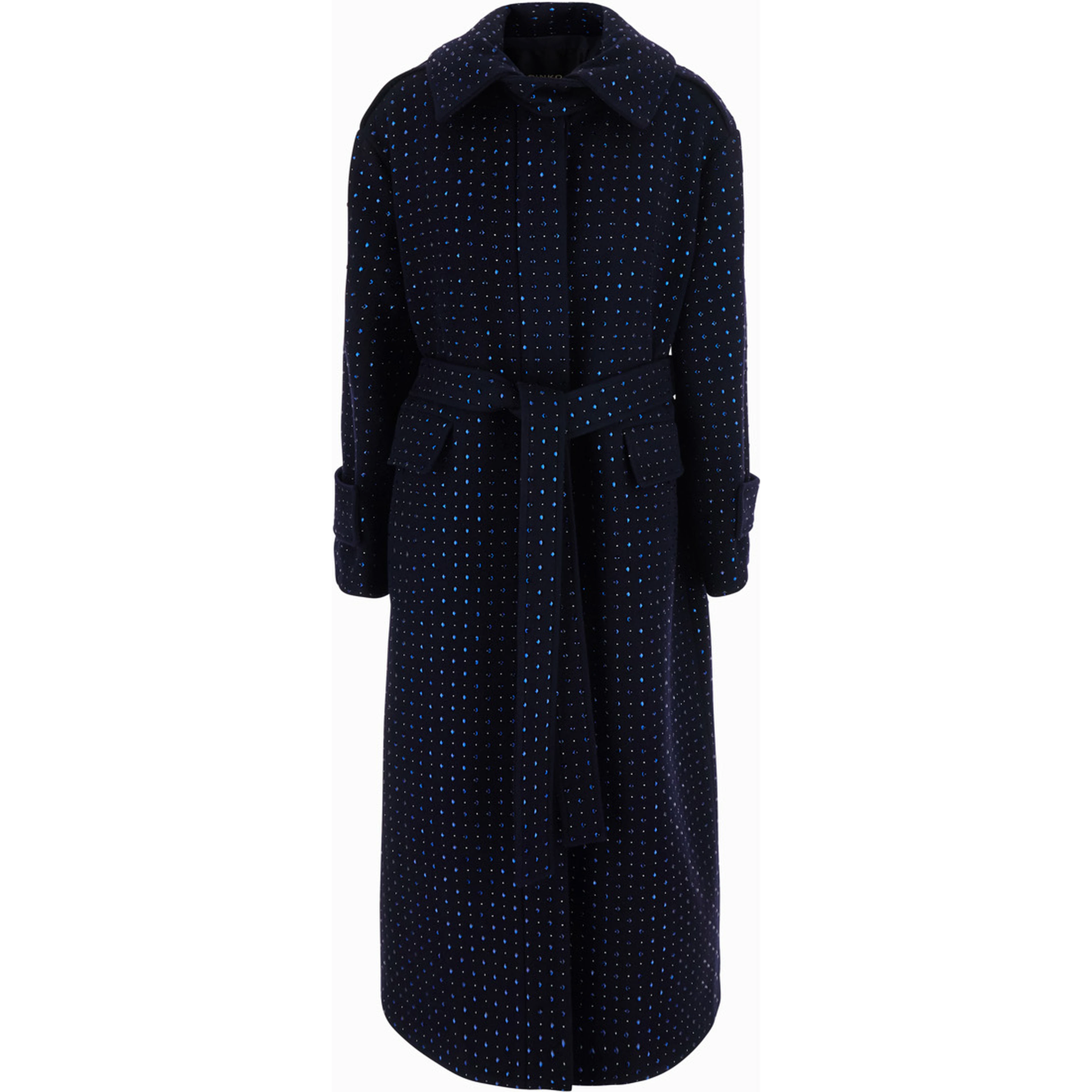 Blue Coat with Wide Classic Collar and All-Over Applied Rhinestones in Wool for Women