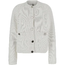 White Crew neck cardigan with two Patch pockets on the front in cotton for women
