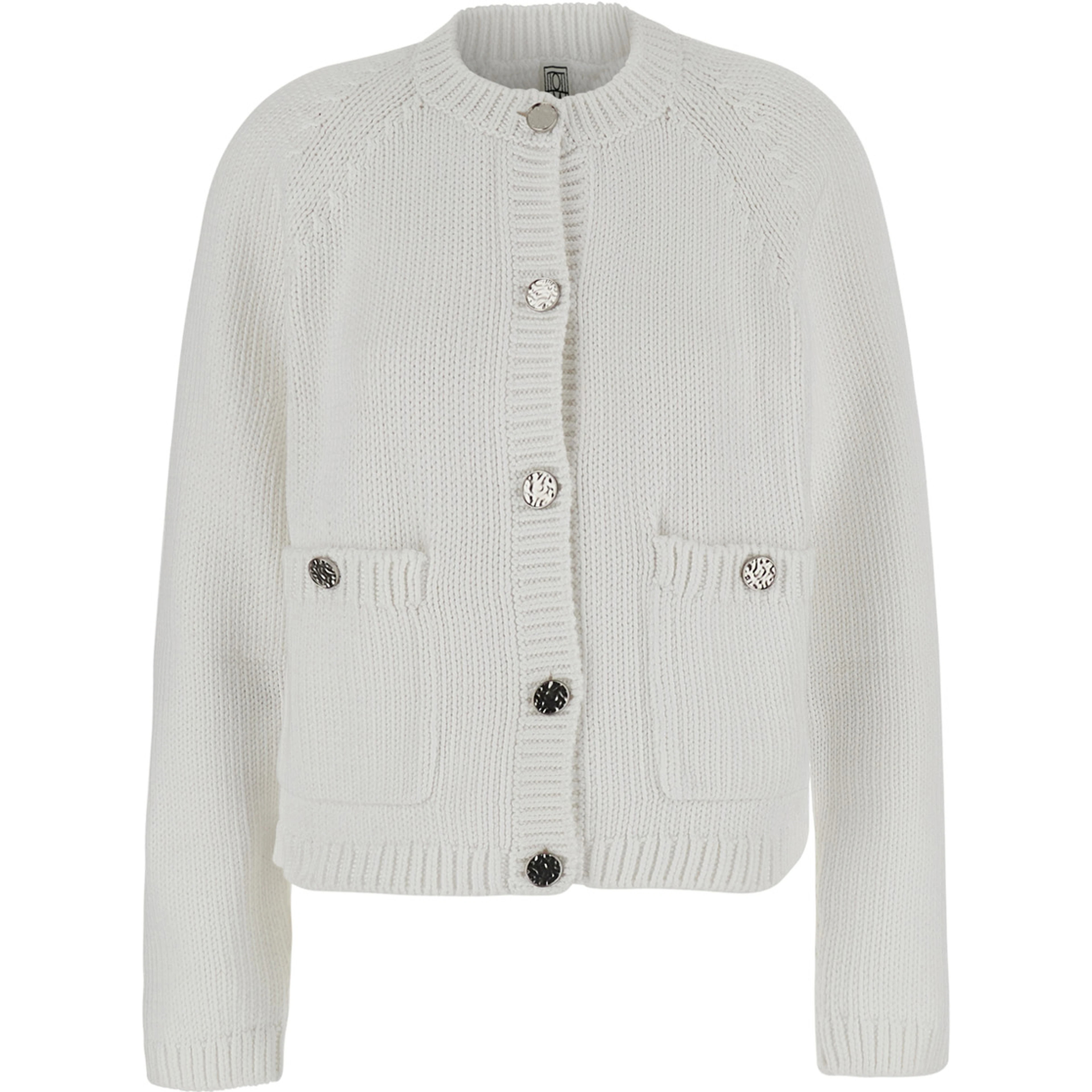 White Crew neck cardigan with two Patch pockets on the front in cotton for women