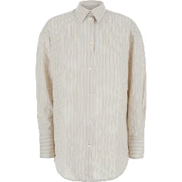 Beige Oversized Shirt with classic collar and all-over stripes in blend viscose women