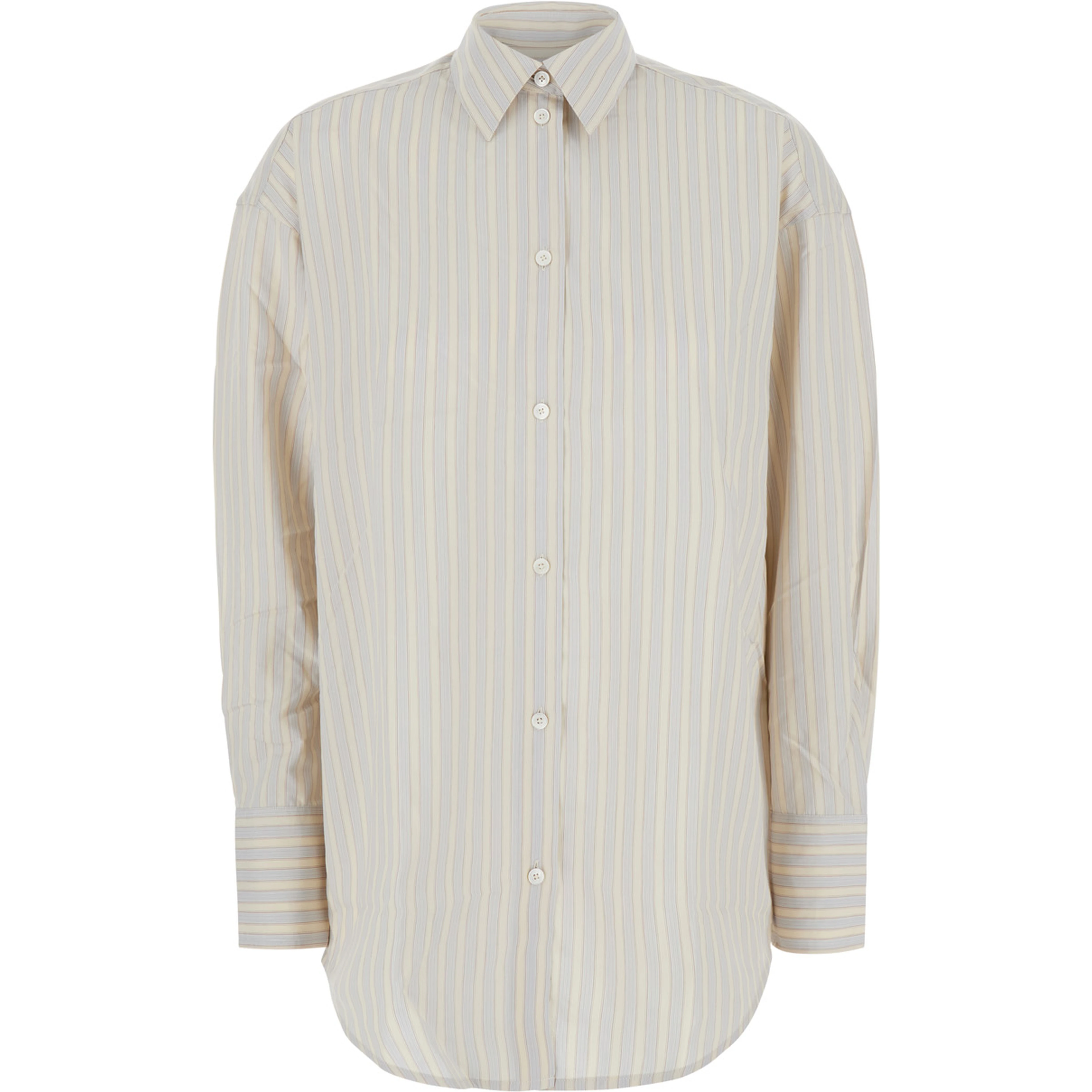 Beige Oversized Shirt with classic collar and all-over stripes in blend viscose women