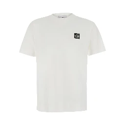 white Crew neck T-shirt with logo patch on the front in cotton for men