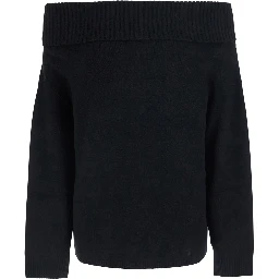 black Sweater with Boat neckline and mini tone-on-tone logo in cashmere for women