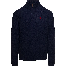 Cable Knit Sweater with Zip and Pony Embroidery in Wool and Cashmere Blue Men