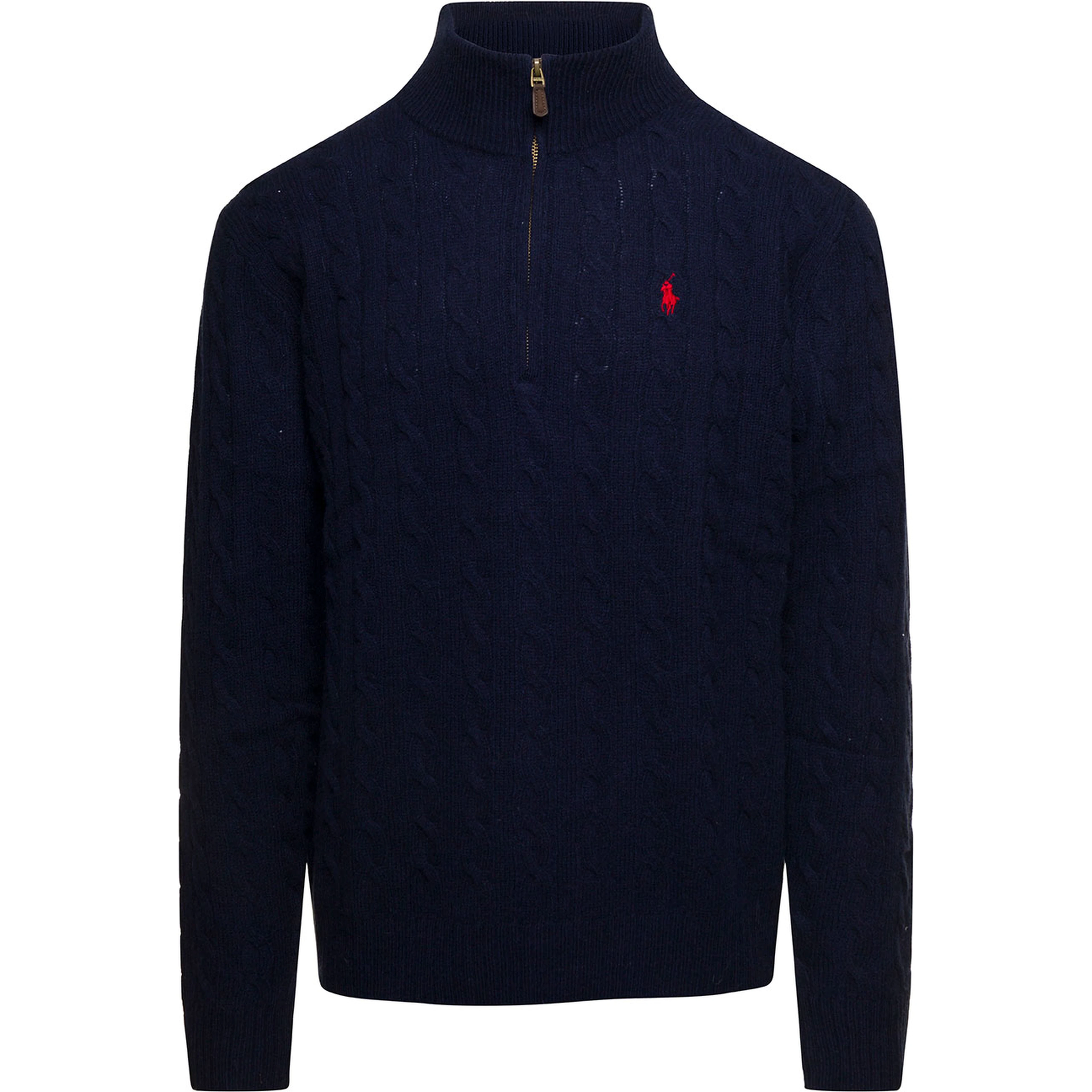 Cable Knit Sweater with Zip and Pony Embroidery in Wool and Cashmere Blue Men