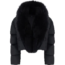 Black Down jacket with applied fur on the front in Tech Fabric women