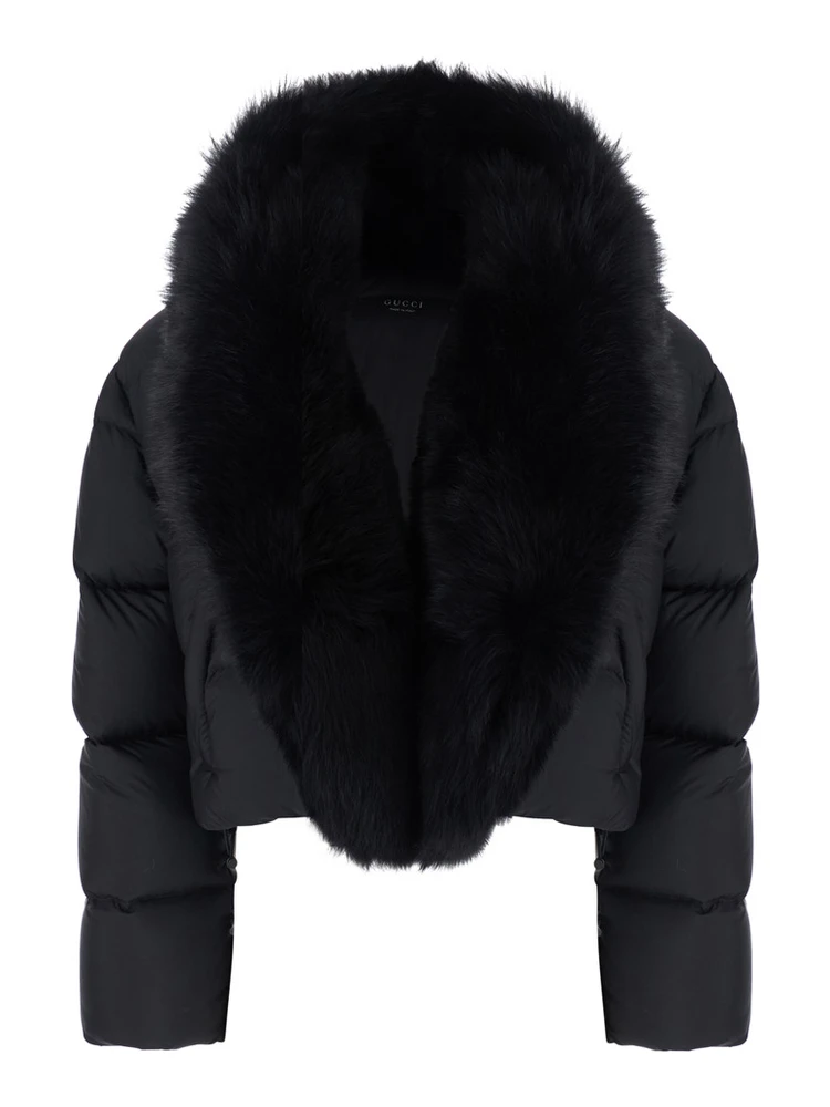 Black Down jacket with applied fur on the front in Tech Fabric women