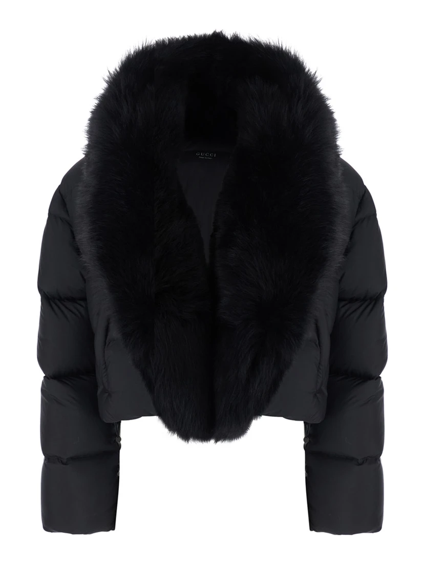 Black Down jacket with applied fur on the front in Tech Fabric women