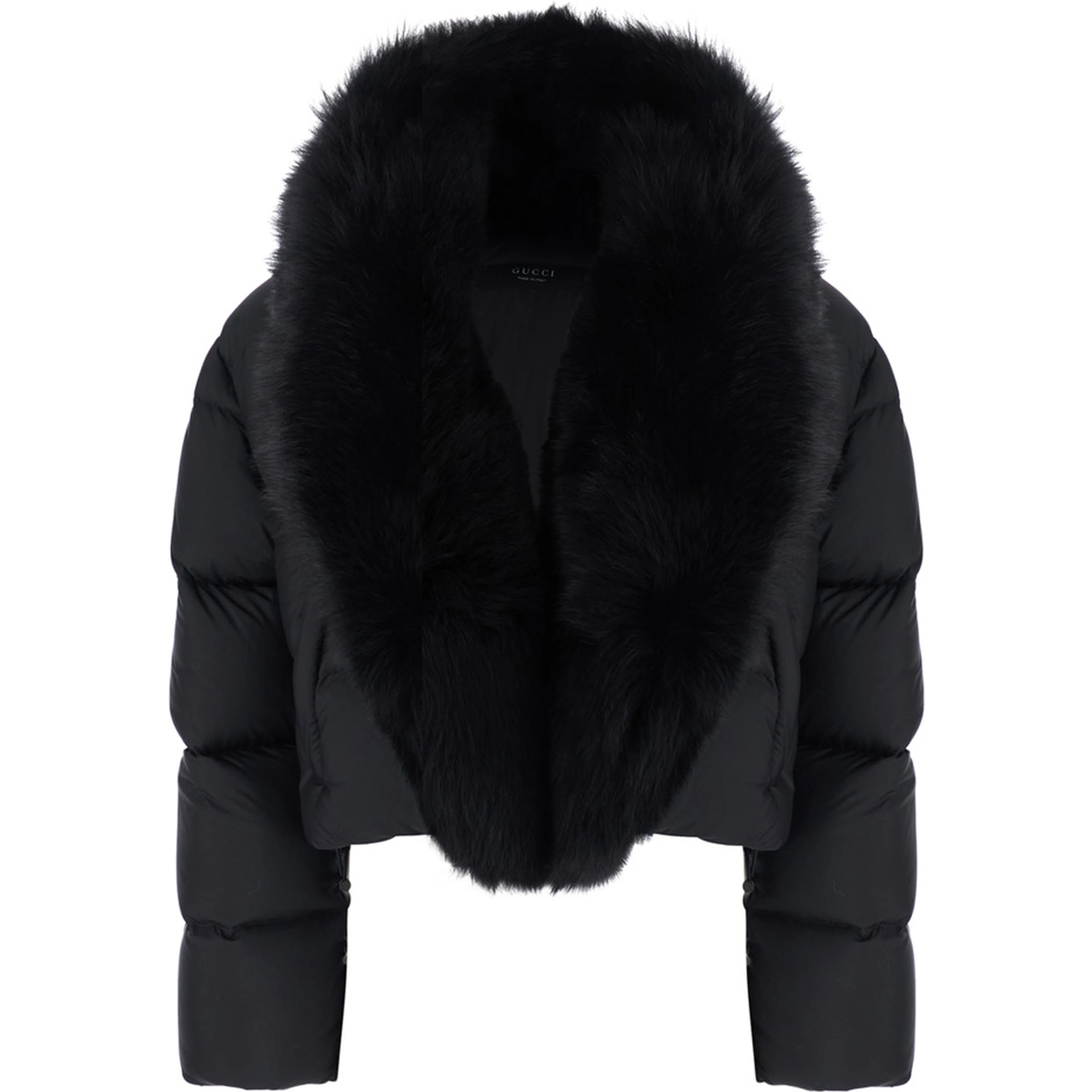 Black Down jacket with applied fur on the front in Tech Fabric women