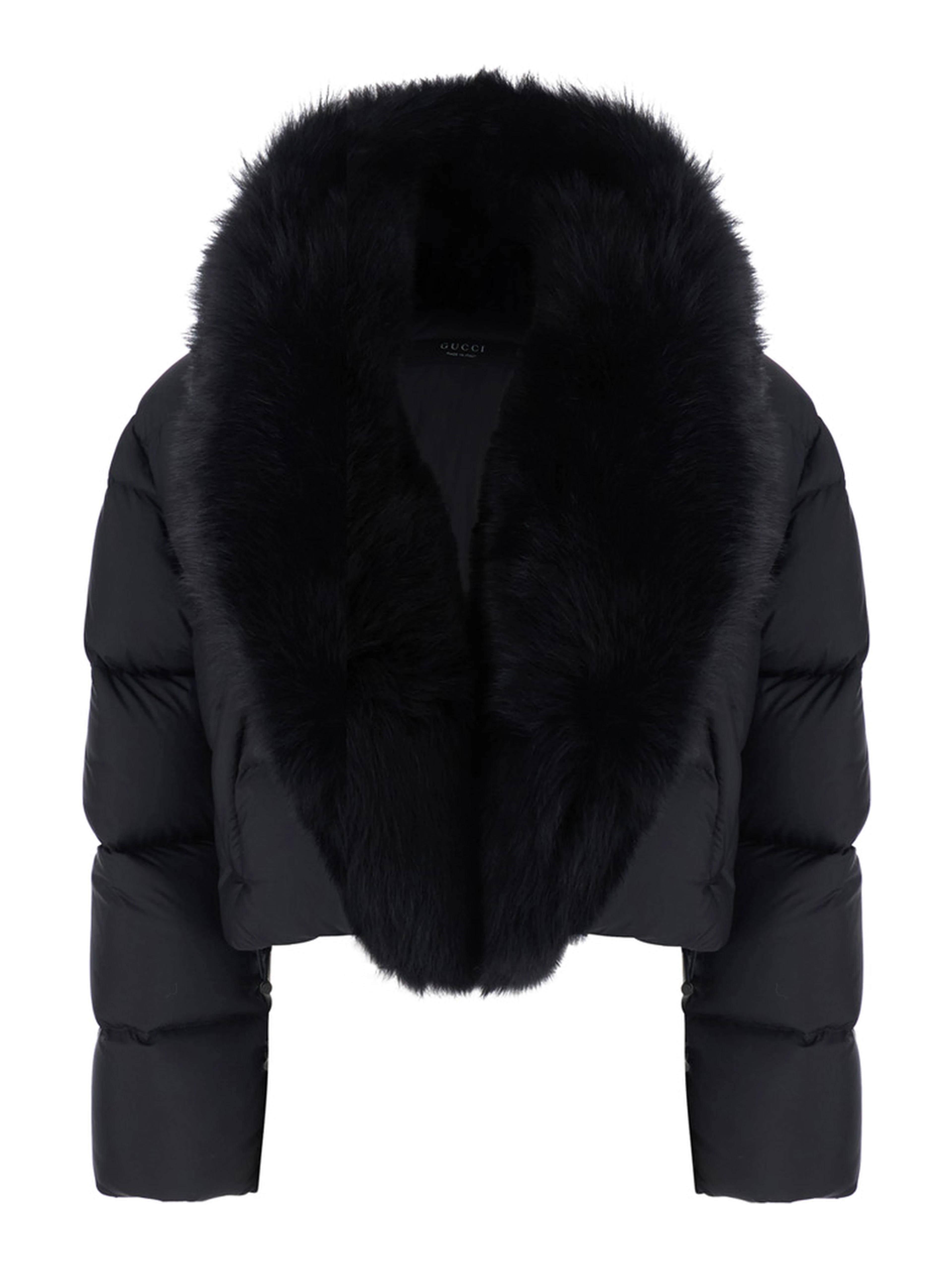 Black Down jacket with applied fur on the front in Tech Fabric women