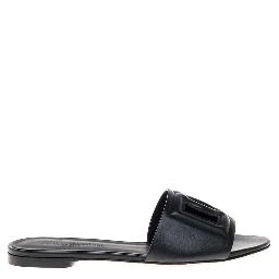Black Leather Cut-Out Detail Slip-On Sandals for Women