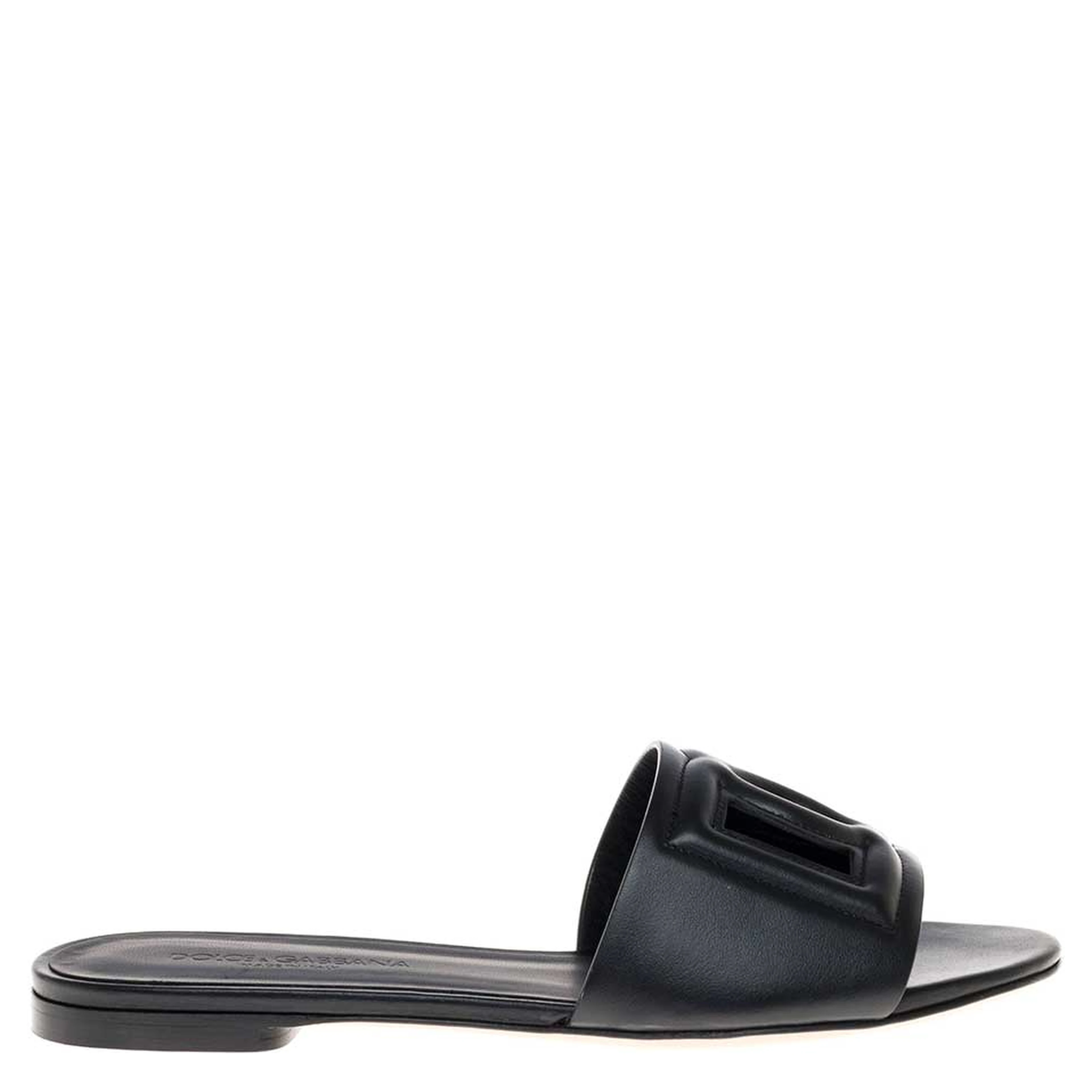 Black Leather Cut-Out Detail Slip-On Sandals for Women