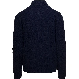 Cable Knit Sweater with Zip and Pony Embroidery in Wool and Cashmere Blue Men