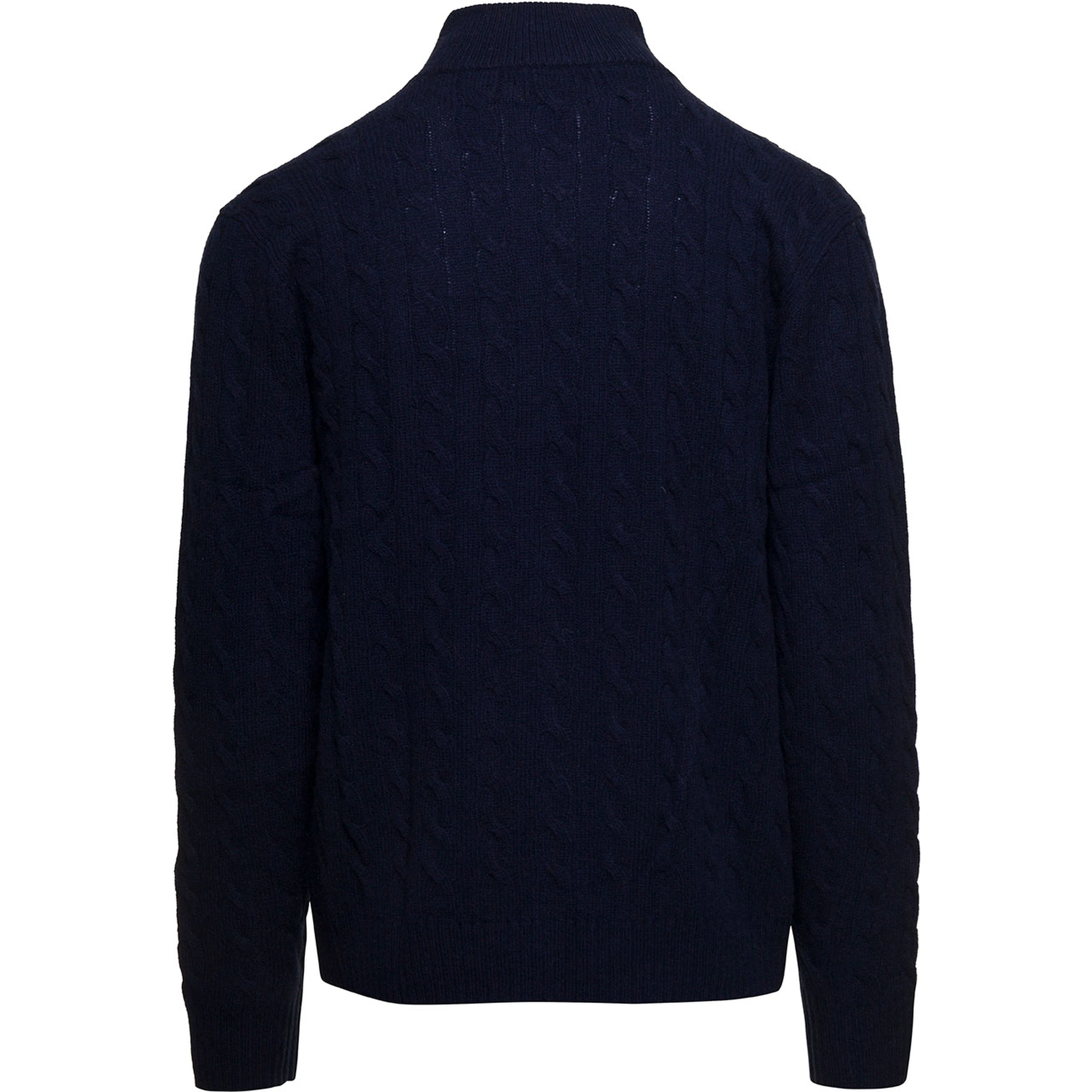 Cable Knit Sweater with Zip and Pony Embroidery in Wool and Cashmere Blue Men