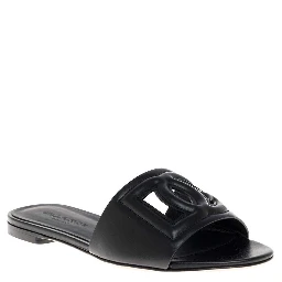 Black Leather Cut-Out Detail Slip-On Sandals for Women