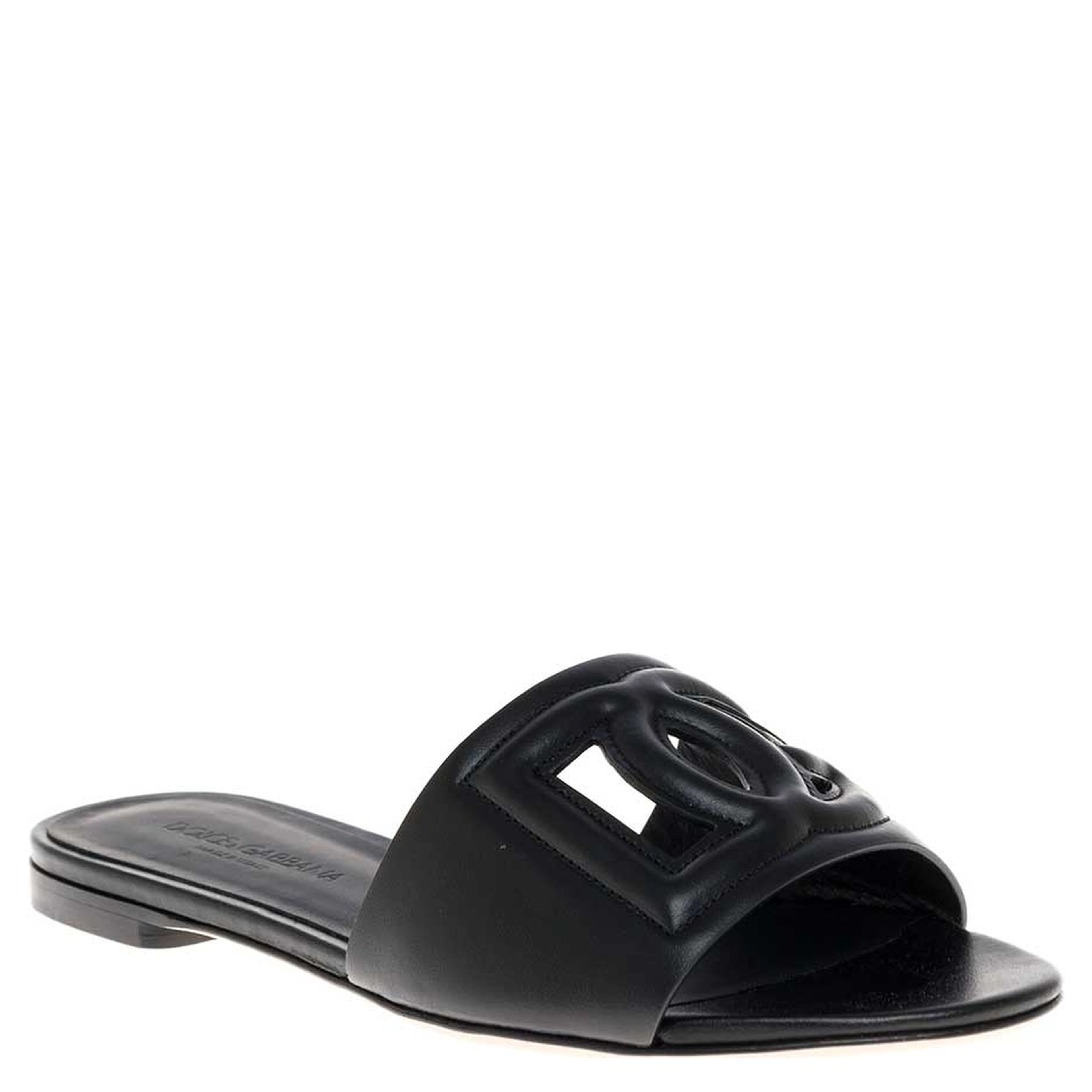 Black Leather Cut-Out Detail Slip-On Sandals for Women