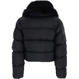 Black Down jacket with applied fur on the front in Tech Fabric women