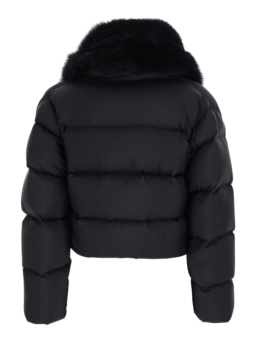 Black Down jacket with applied fur on the front in Tech Fabric women