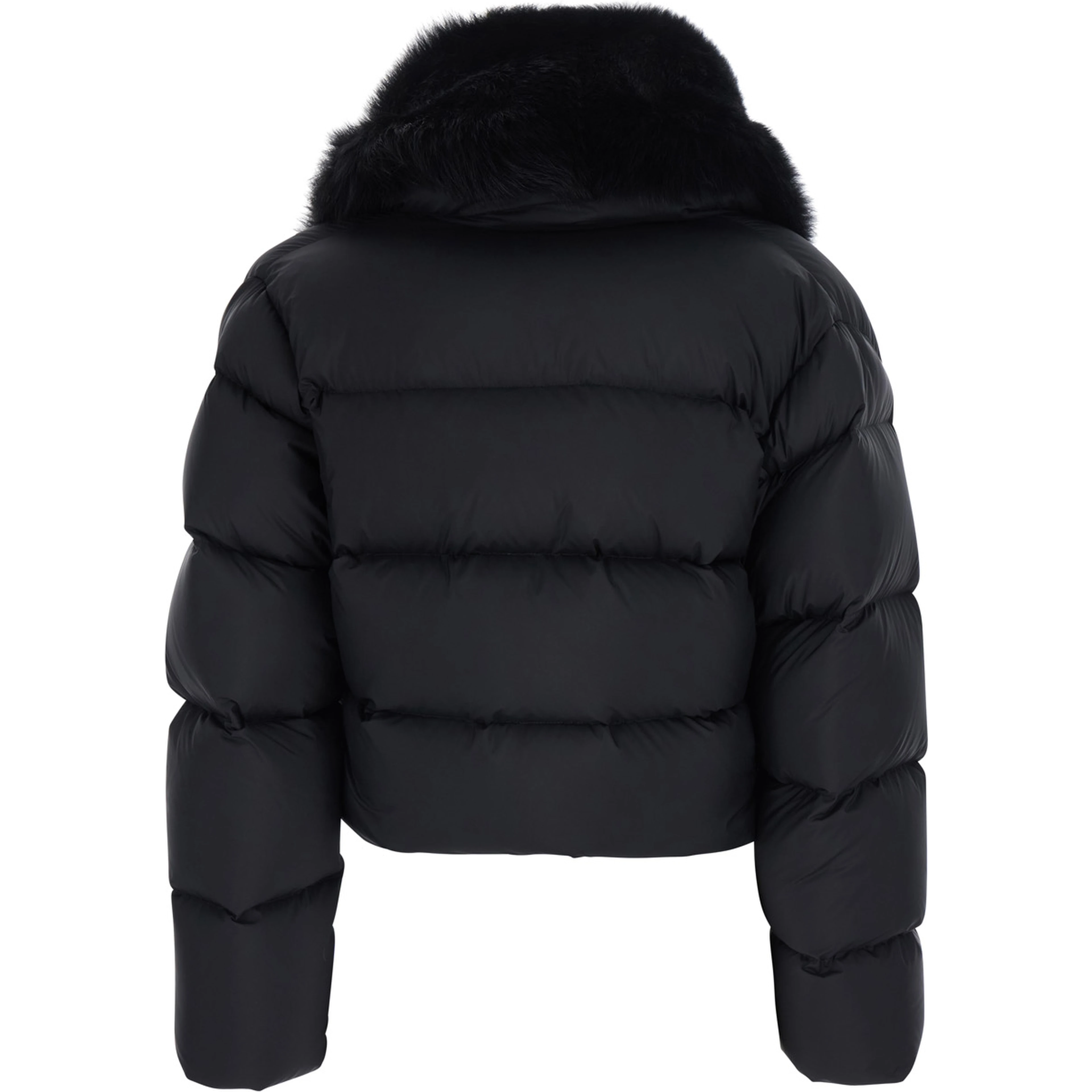 Black Down jacket with applied fur on the front in Tech Fabric women