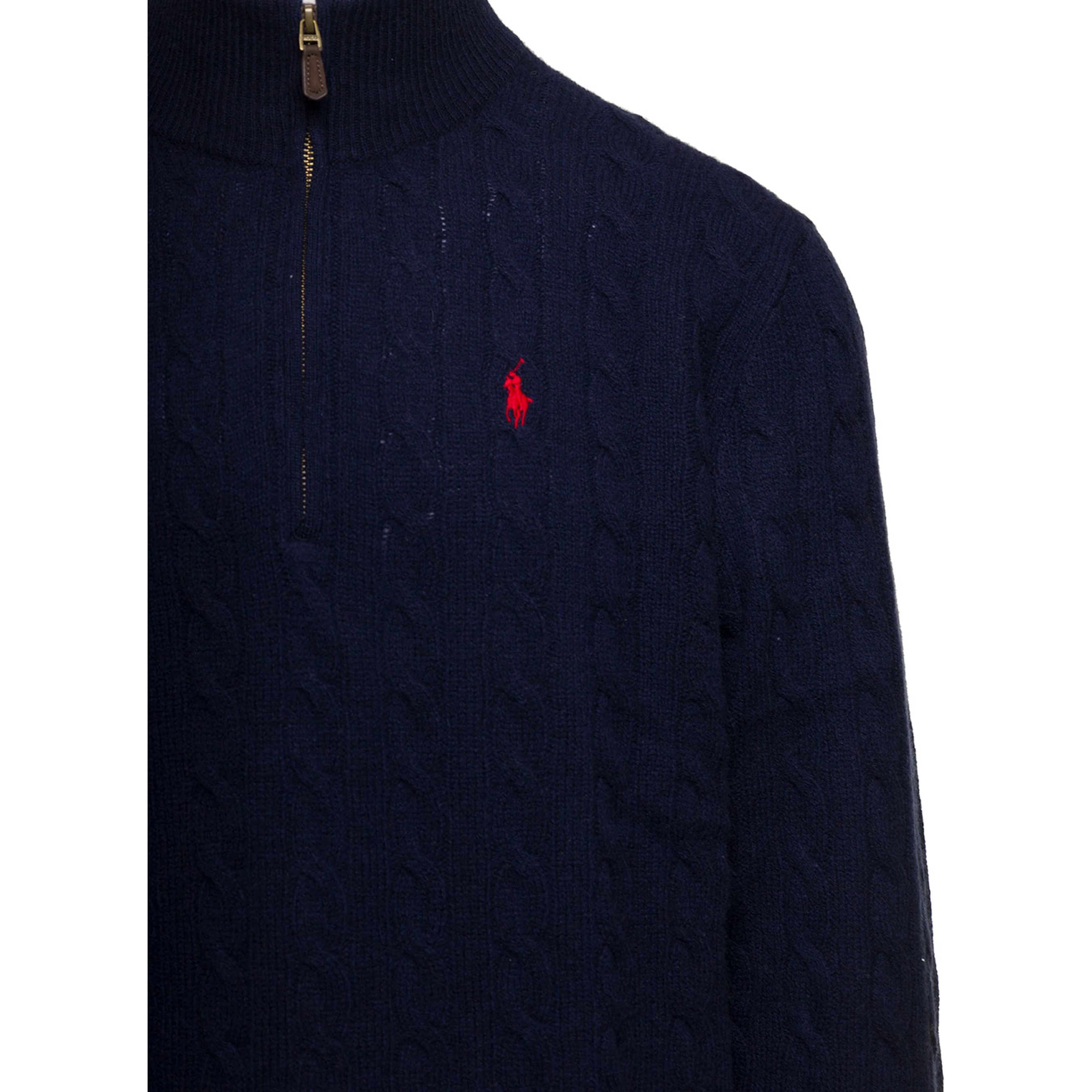 Cable Knit Sweater with Zip and Pony Embroidery in Wool and Cashmere Blue Men