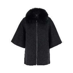 Gray fur coat with removable fur collar and wide short sleeves in eco fur for women