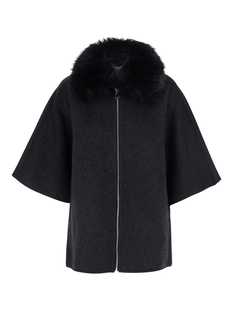 Gray fur coat with removable fur collar and wide short sleeves in eco fur for women