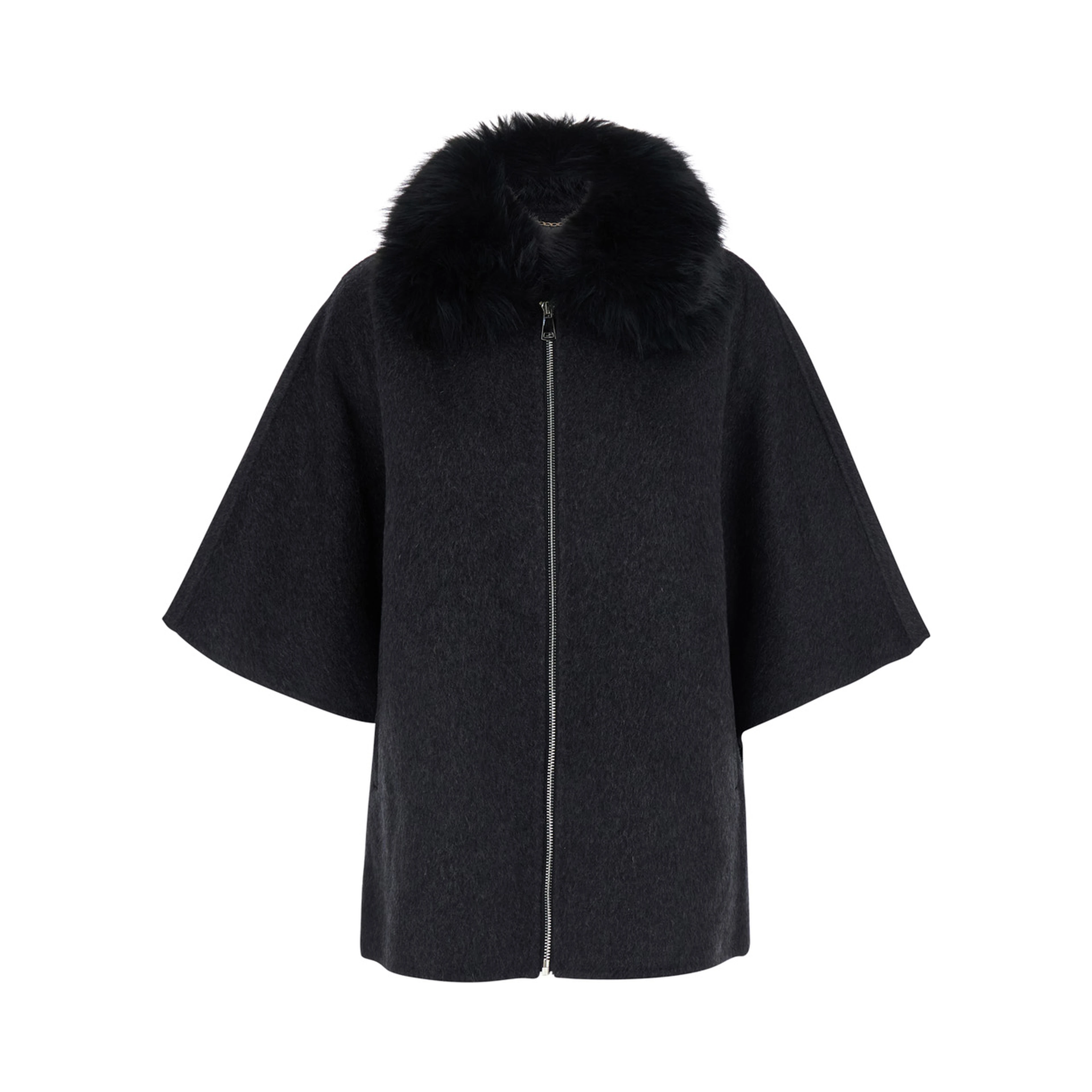 Gray fur coat with removable fur collar and wide short sleeves in eco fur for women