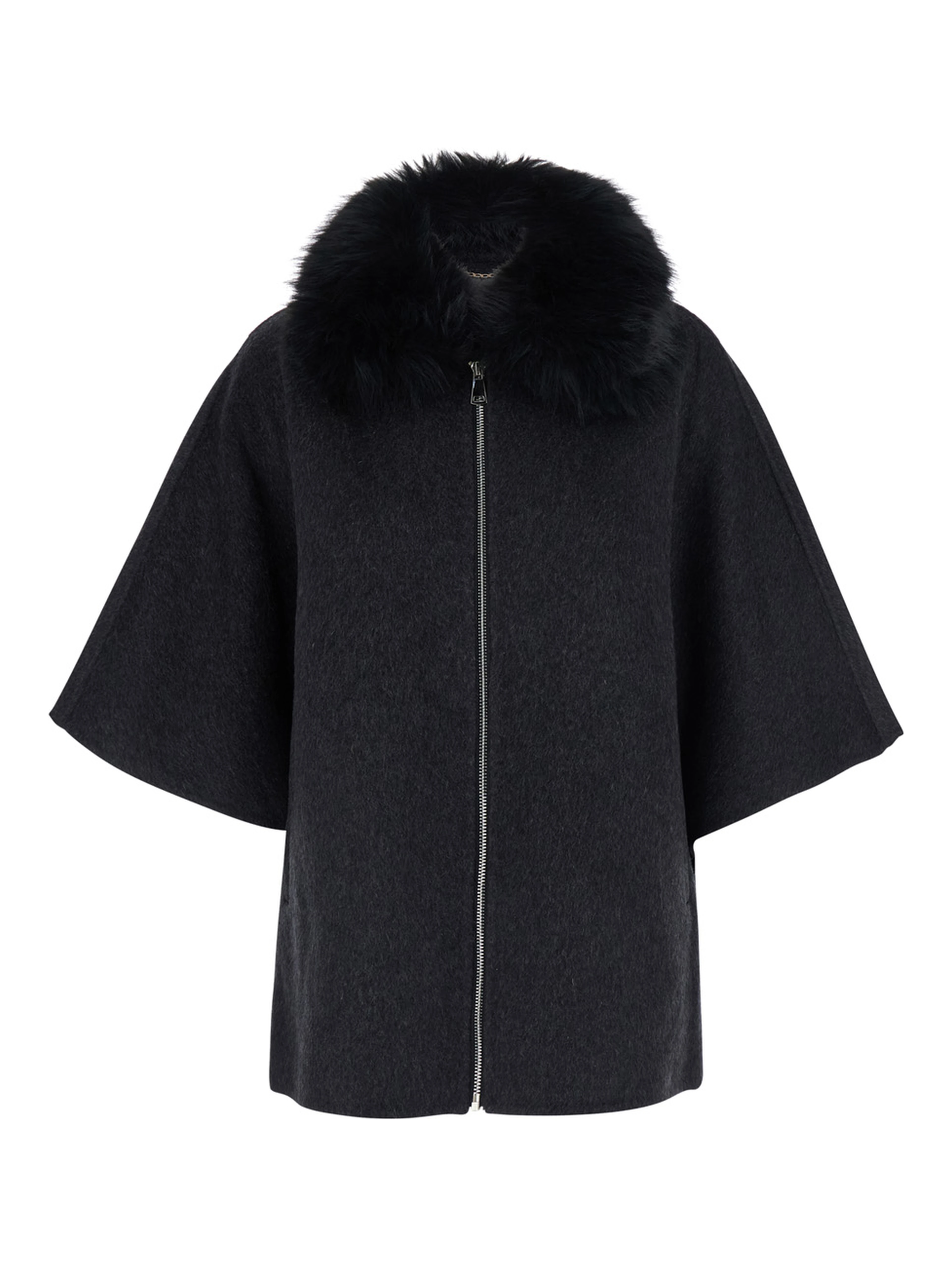 Gray fur coat with removable fur collar and wide short sleeves in eco fur for women