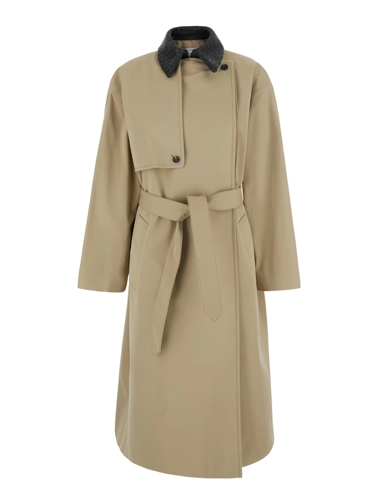 Beige Trench with classic collar with Intreccio and belt on the front in cotton for women