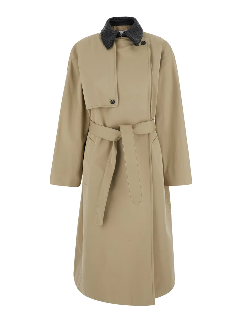Beige Trench with classic collar with Intreccio and belt on the front in cotton for women