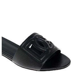 Black Leather Cut-Out Detail Slip-On Sandals for Women