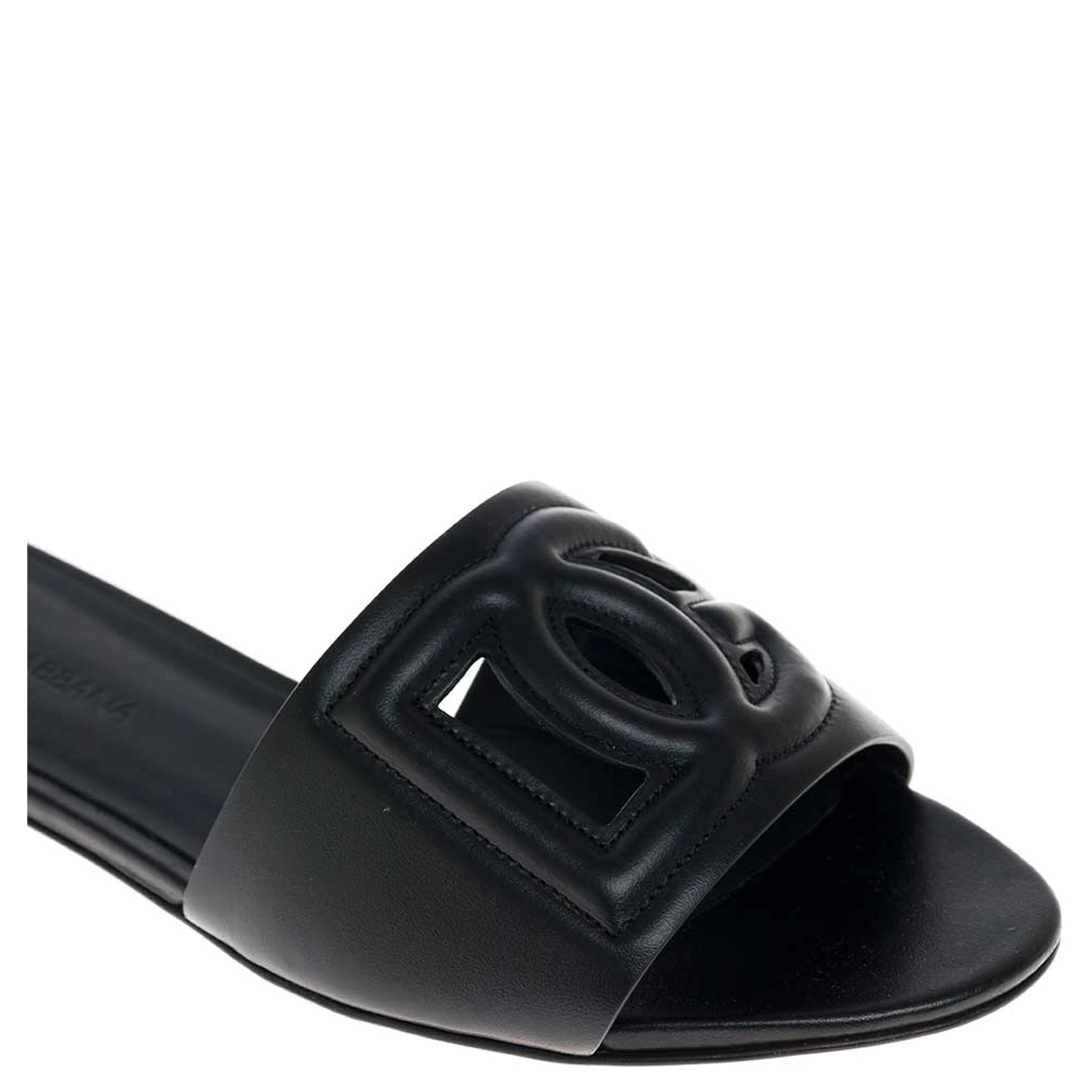 Black Leather Cut-Out Detail Slip-On Sandals for Women
