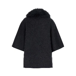 Gray fur coat with removable fur collar and wide short sleeves in eco fur for women