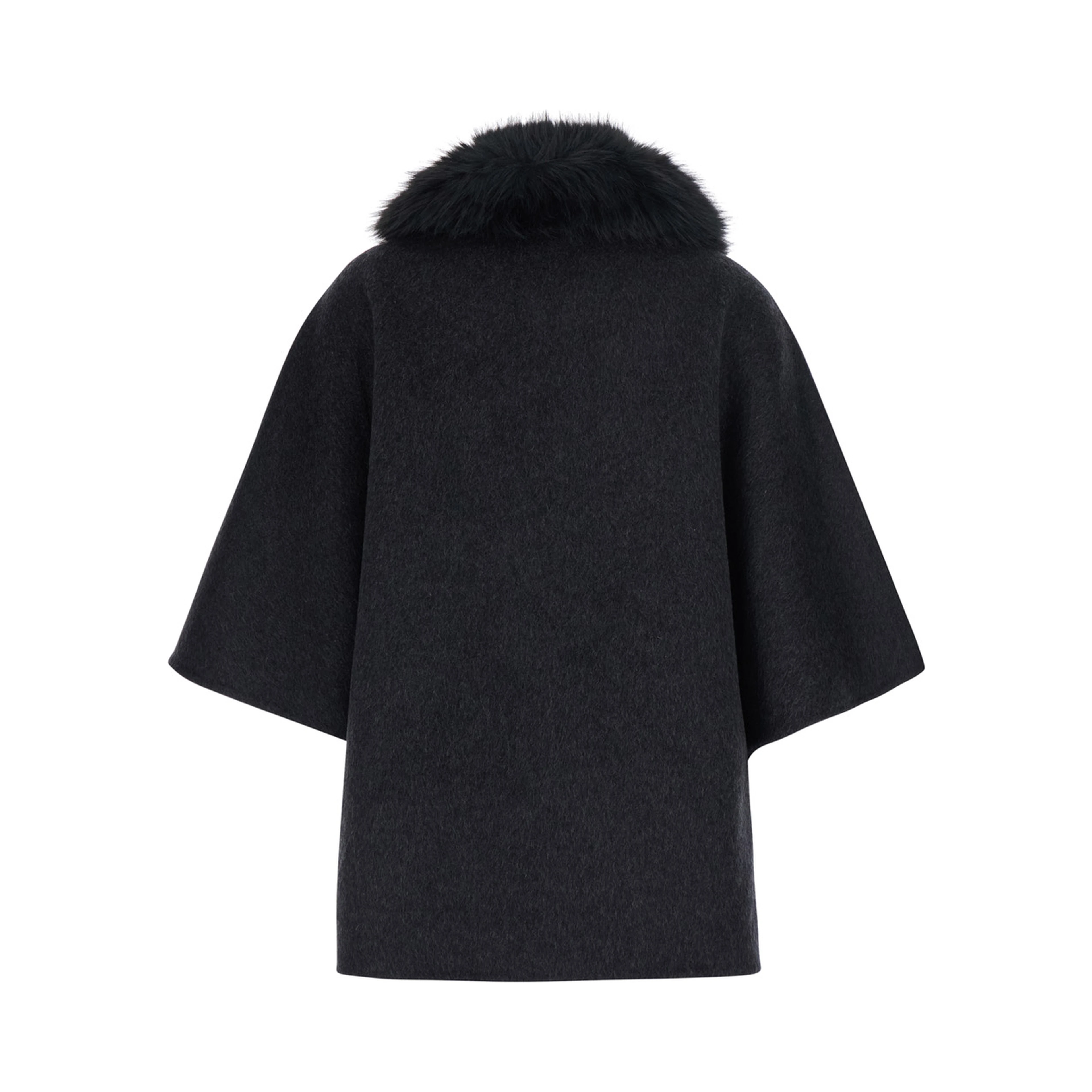 Gray fur coat with removable fur collar and wide short sleeves in eco fur for women