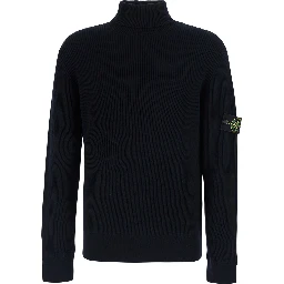 Blue Sweater with high collar and logo patch on the sleeve in Men