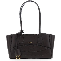 Brown Small Shoulder bag with Front Pocket and Logo lettering in Leather for Women