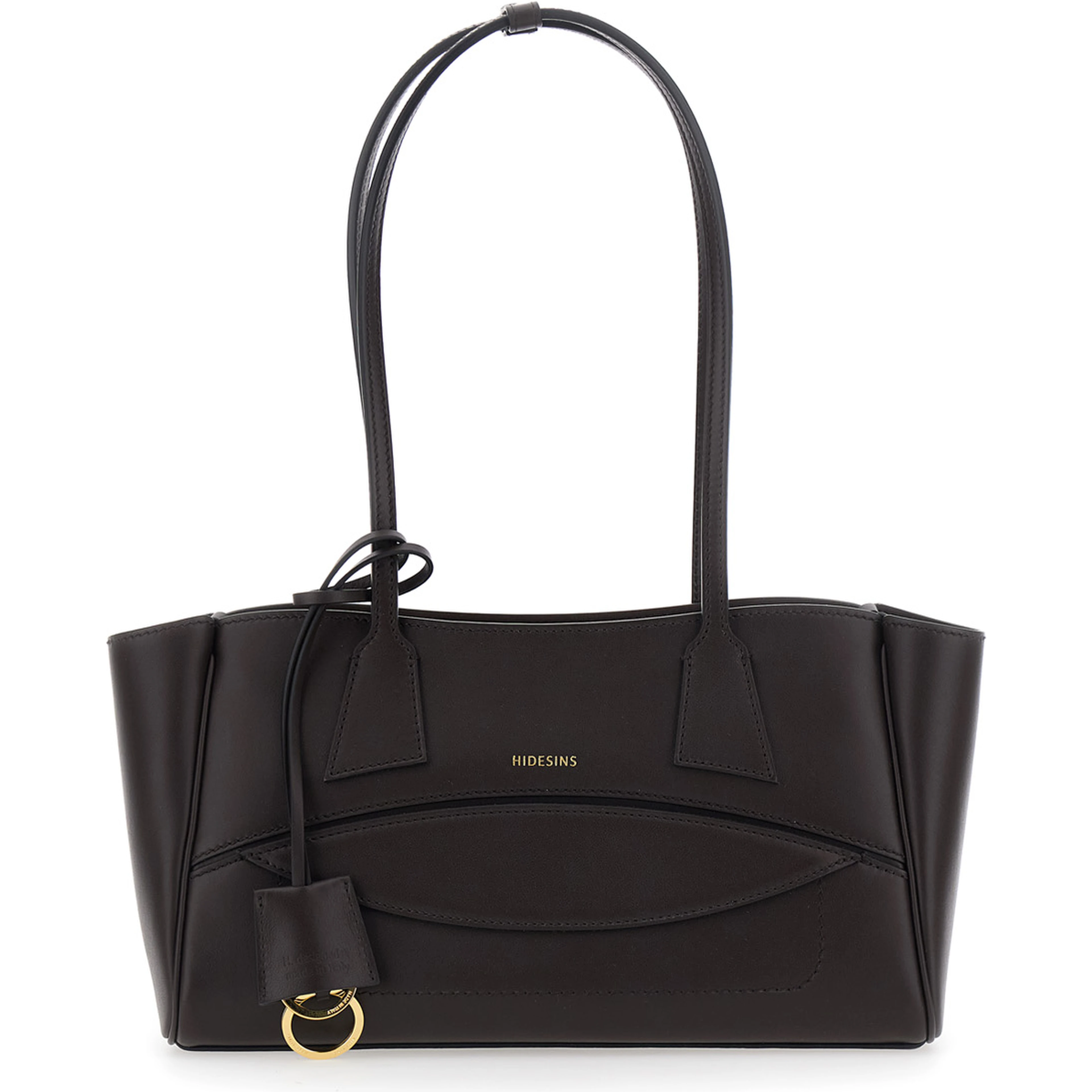 Brown Small Shoulder bag with Front Pocket and Logo lettering in Leather for Women