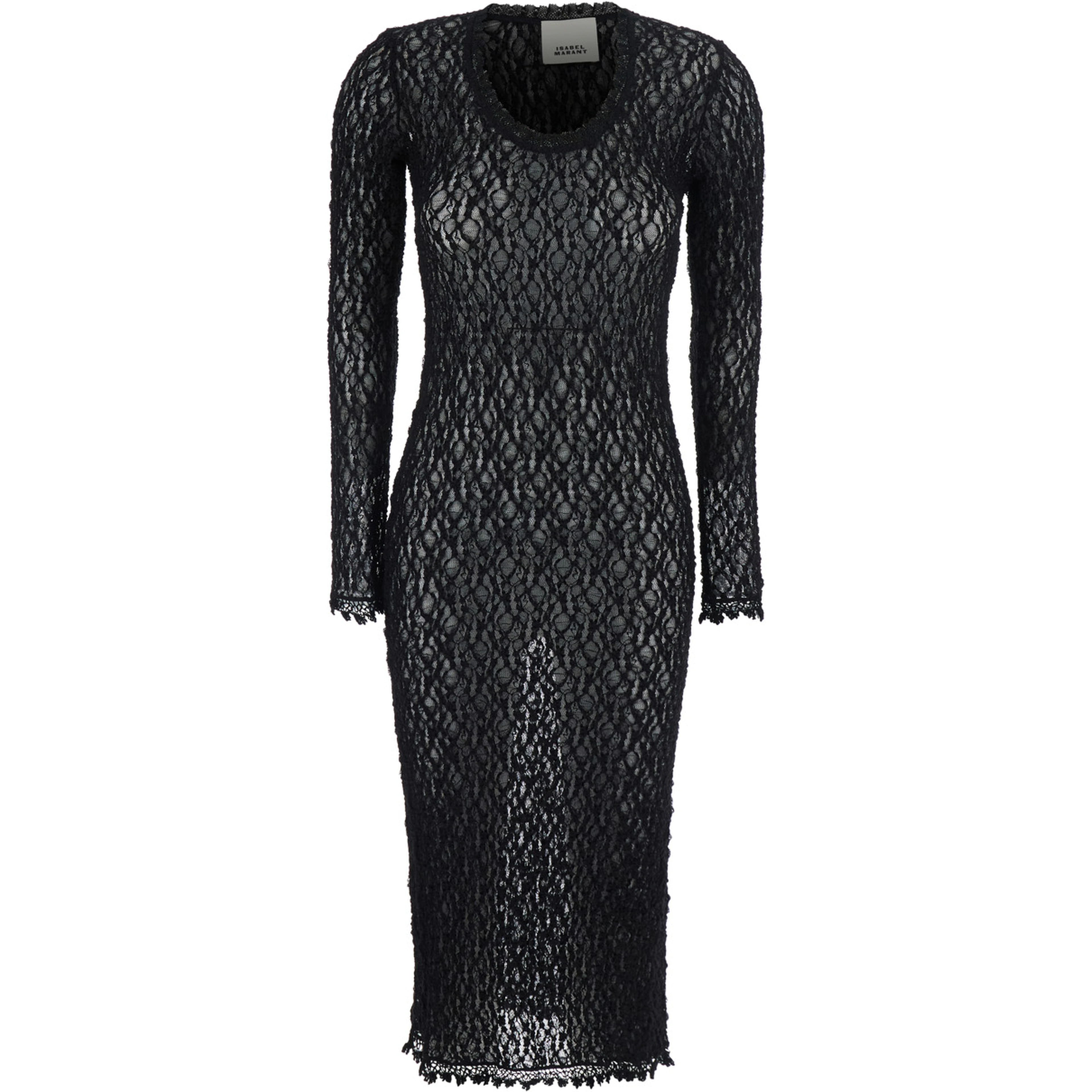 BELSANE black Long dress with all-over lace trim in cotton blend for women