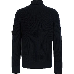 Blue Sweater with high collar and logo patch on the sleeve in Men