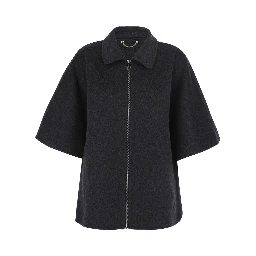 Gray fur coat with removable fur collar and wide short sleeves in eco fur for women