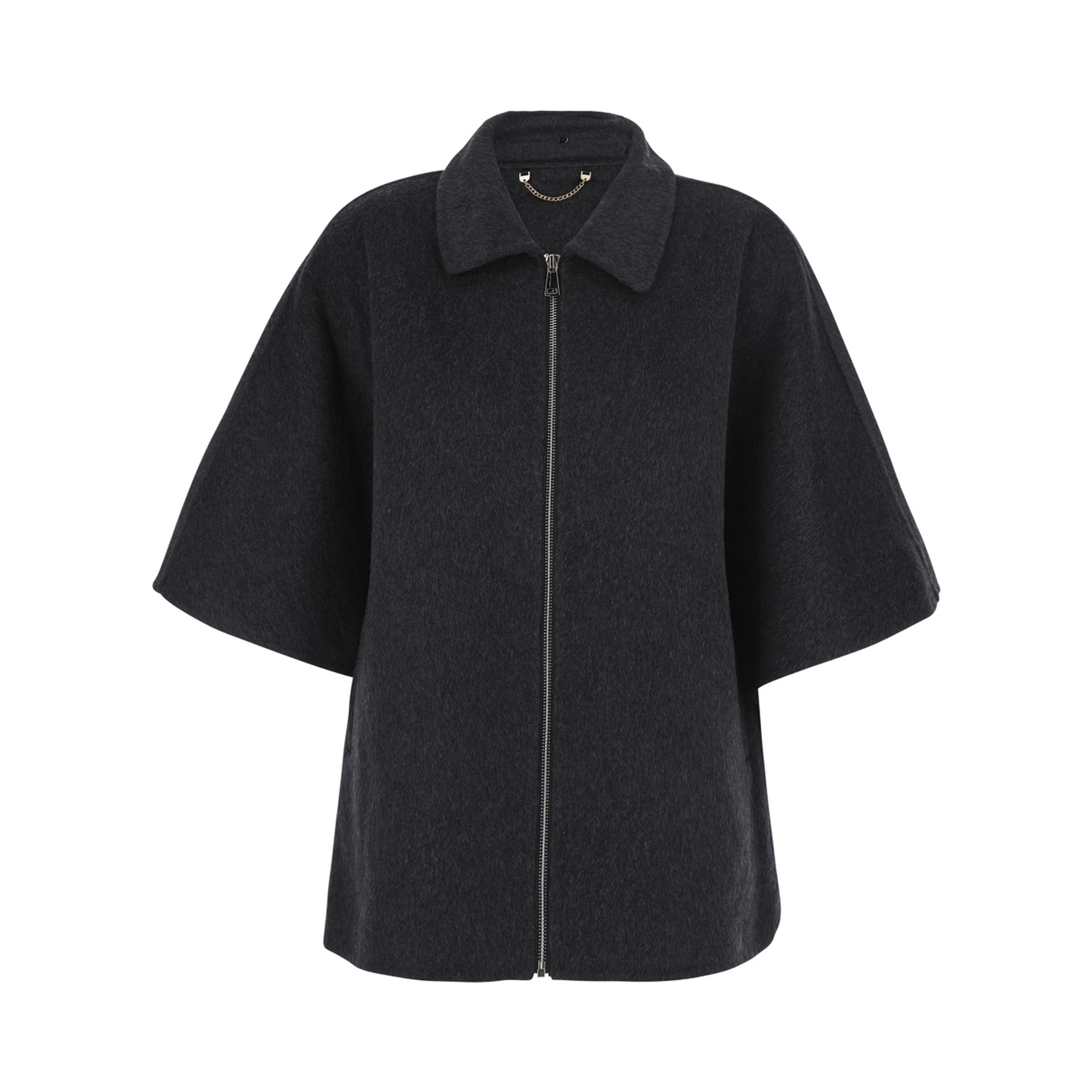 Gray fur coat with removable fur collar and wide short sleeves in eco fur for women