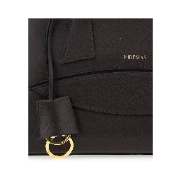 Brown Small Shoulder bag with Front Pocket and Logo lettering in Leather for Women